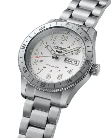 Montre de sport Seiko 5, cadran blanc, bracelet en acier