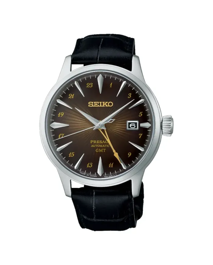 Montre Seiko Presage Cocktail avec cadran GMT marron et bracelet en cuir