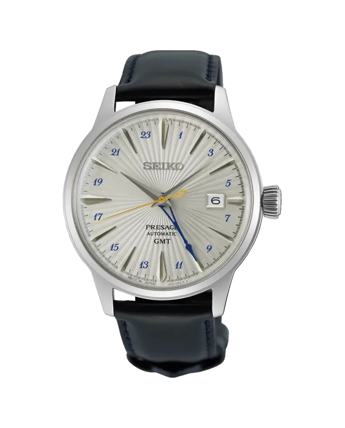 Seiko Presage Cocktail Watch GMT Silver Dial with Leather Strap