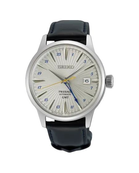 Seiko Presage Cocktail Watch GMT Silver Dial with Leather Strap