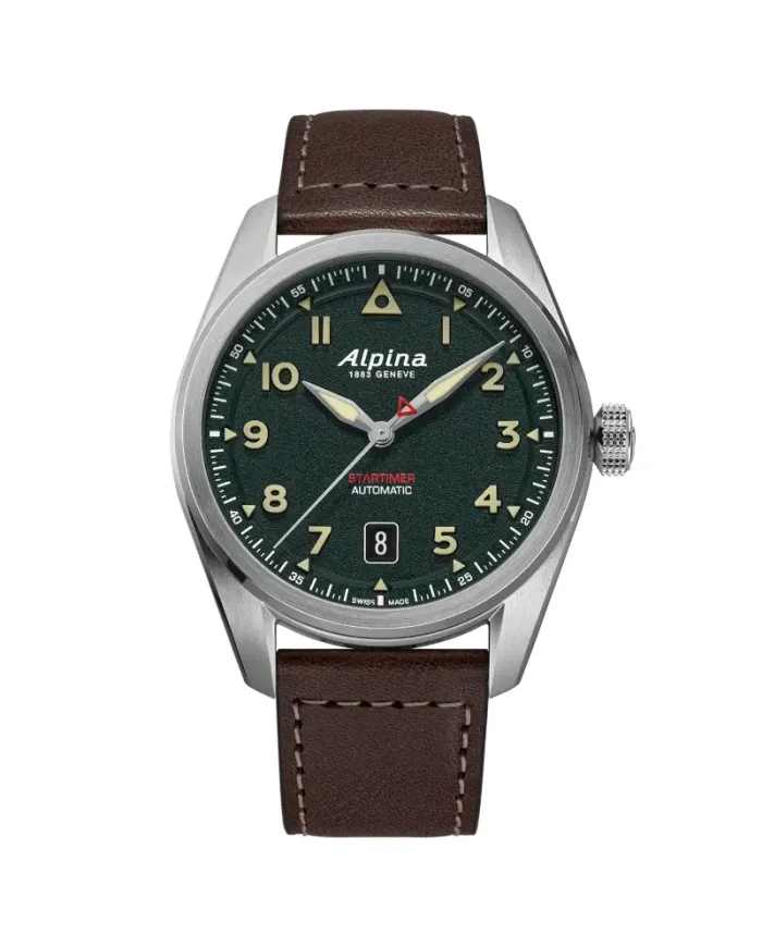 Alpina Pilot Startimer Automatic Green Watch with 40mm Leather Strap
