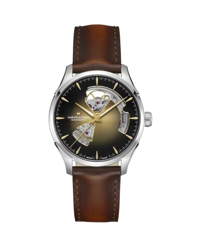 Montre Hamilton Jazzmaster Open Heart automatique, bracelet en cuir argenté, 40 mm