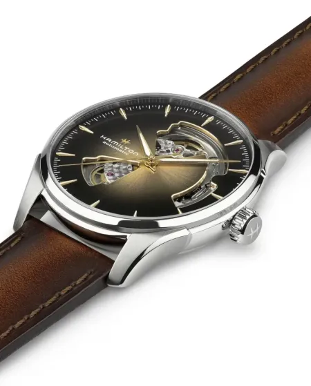 Montre Hamilton Jazzmaster Open Heart automatique, bracelet en cuir argenté, 40 mm