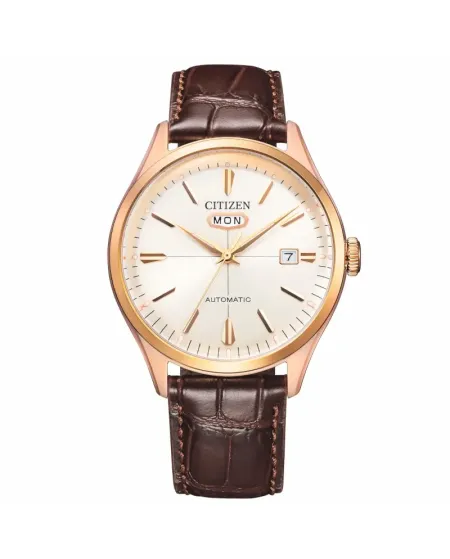 Citizen C7 Mechanical Rose Gold Plated Watch with White Dial and Leather Strap 40mm