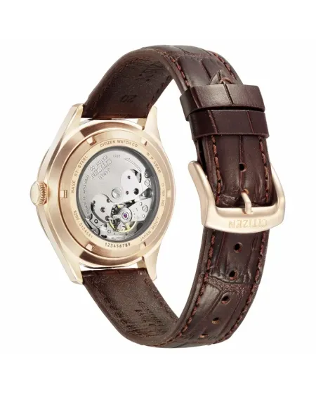 Citizen C7 Mechanical Rose Gold Plated Watch with White Dial and Leather Strap 40mm
