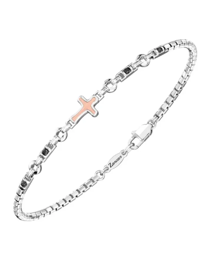 Bracelet pour homme Zancan Insigna en argent 925 avec croix en or rose et diamants noirs