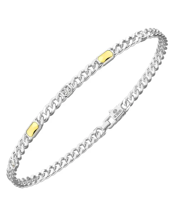 Bracciale da Uomo Zancan Insigna 925 in Argento e Oro Giallo con Maglia Groumette e Diamanti Bianchi