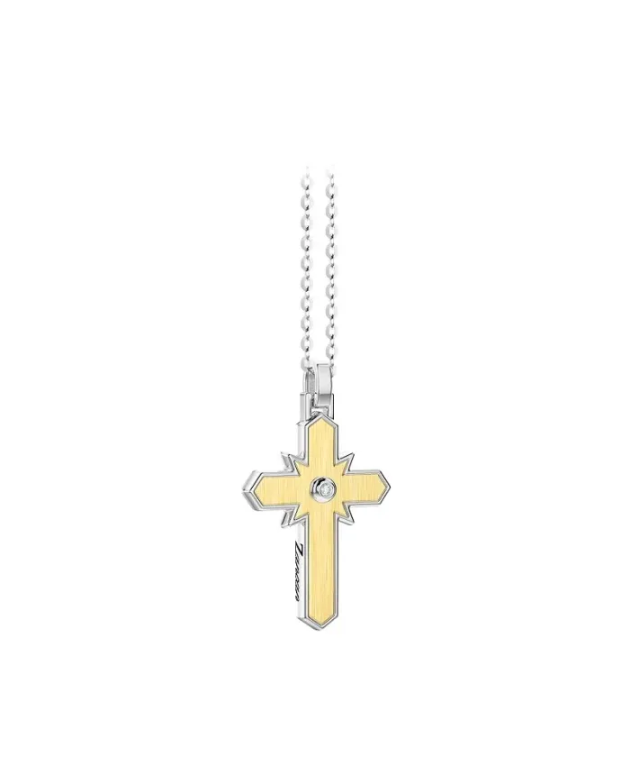 Zancan Insignia 925 Sterling Silver and Yellow Gold Men's Necklace with White Diamond Cross Pendant