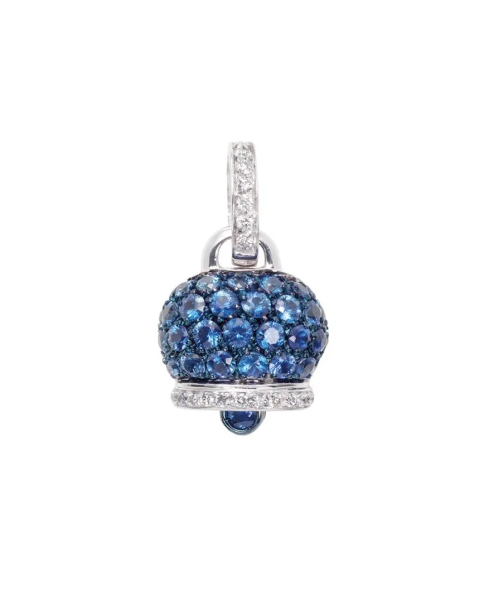 Ciondolo Chantecler Campanelle Medio in Oro Bianco e Brunito, Diamanti e Pavé di Zaffiri Blu