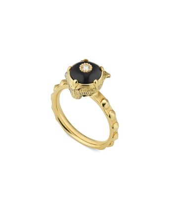 Anello Gucci Le Marché des Merveilles in Oro Giallo, con Onice Nero e Diamanti con testa di Felino