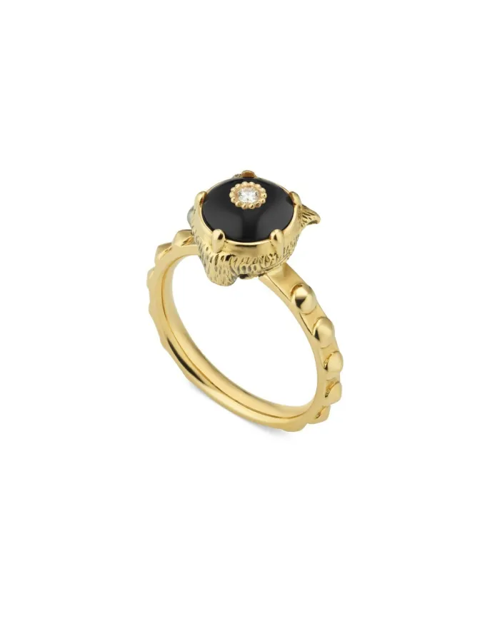 Gucci Le Marché des Merveilles Ring in Yellow Gold, with Black Onyx and Diamonds with a Feline Head