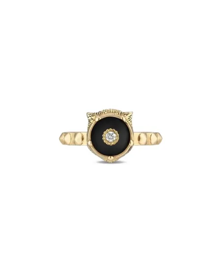 Anello Gucci Le Marché des Merveilles in Oro Giallo, con Onice Nero e Diamanti con testa di Felino