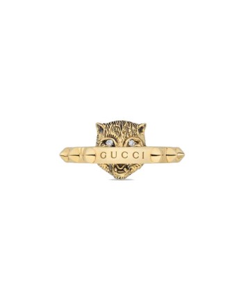 Gucci Le Marché des Merveilles Ring in Yellow Gold, with Black Onyx and Diamonds with a Feline Head