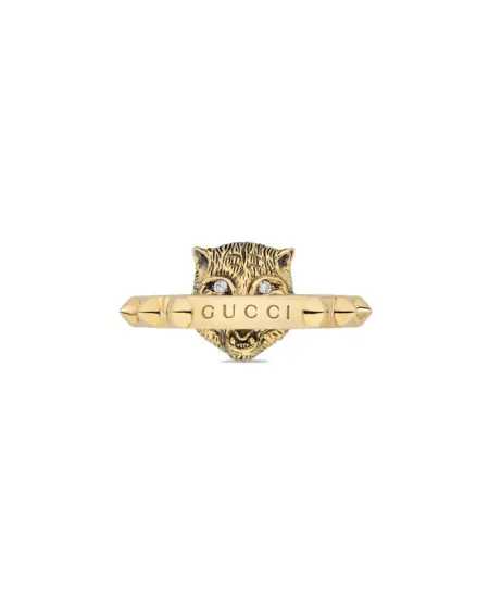 Anello Gucci Le Marché des Merveilles in Oro Giallo, con Onice Nero e Diamanti con testa di Felino