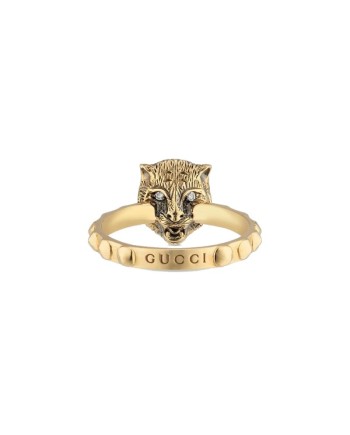 Gucci Le Marché des Merveilles Ring in Yellow Gold, with Black Onyx and Diamonds with a Feline Head