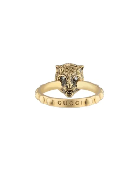 Anello Gucci Le Marché des Merveilles in Oro Giallo, con Onice Nero e Diamanti con testa di Felino