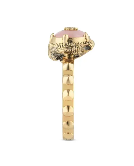Anello Gucci Le Marché des Merveilles in Oro Giallo, con Opale Rosa e Diamanti con testa di Felino