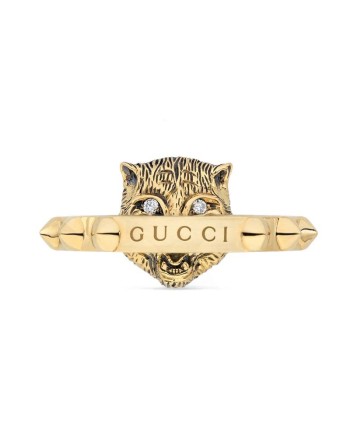 Gucci Le Marché des Merveilles Ring in Yellow Gold, with Pink Opal and Diamonds with a Feline Head