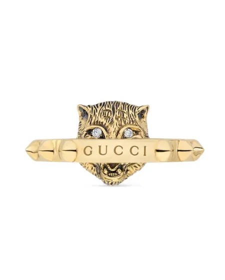 Anello Gucci Le Marché des Merveilles in Oro Giallo, con Opale Rosa e Diamanti con testa di Felino