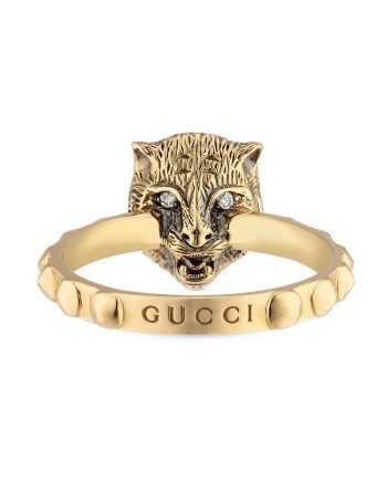 Anello Gucci Le Marché des Merveilles in Oro Giallo, con Opale Rosa e Diamanti con testa di Felino