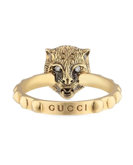 Gucci Le Marché des Merveilles Ring in Yellow Gold, with Pink Opal and Diamonds with a Feline Head
