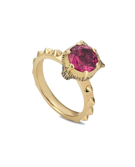 Anello Gucci Le Marché des Merveilles in Oro Giallo, con Tormalina Rosa e Diamanti con testa di Felino