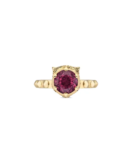 Anello Gucci Le Marché des Merveilles in Oro Giallo, con Tormalina Rosa e Diamanti con testa di Felino