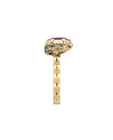 Anello Gucci Le Marché des Merveilles in Oro Giallo, con Tormalina Rosa e Diamanti con testa di Felino