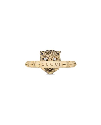 Gucci Le Marché des Merveilles Ring in Yellow Gold, with Pink Tourmaline and Diamonds with a Feline Head