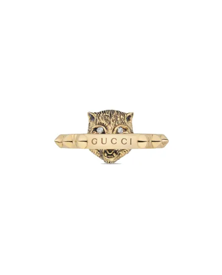 Anello Gucci Le Marché des Merveilles in Oro Giallo, con Tormalina Rosa e Diamanti con testa di Felino