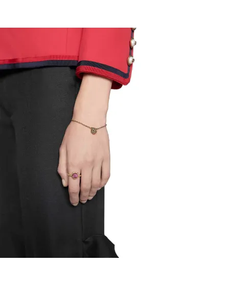 Anello Gucci Le Marché des Merveilles in Oro Giallo, con Tormalina Rosa e Diamanti con testa di Felino