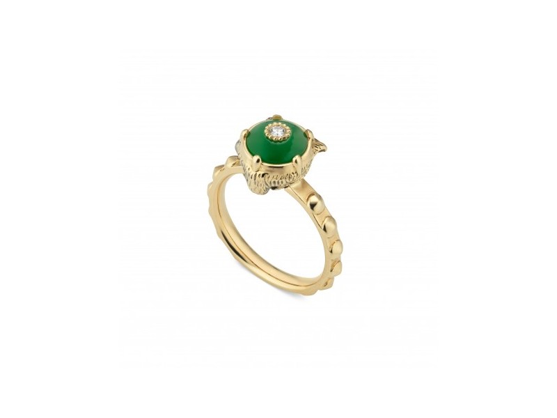 Anello Gucci Le Marché des Merveilles in Oro Giallo, con Giada Verde e Diamanti con testa di Felino