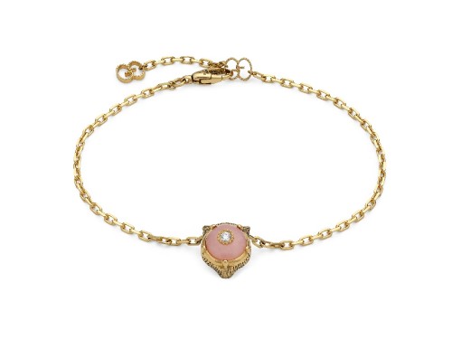 Bracciale Gucci Le Marché des Merveilles in Oro Giallo, con Opale Rosa e Diamanti, con Testa di Felino