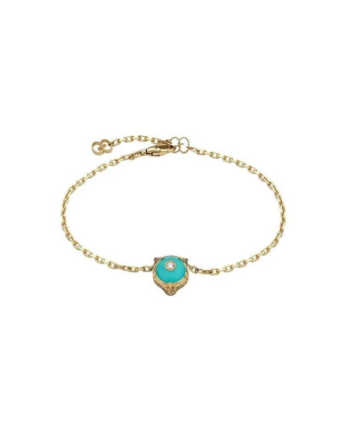 Gucci Le Marché des Merveilles Bracelet in Yellow Gold, with Turquoise Stone and Diamonds, with Feline Head