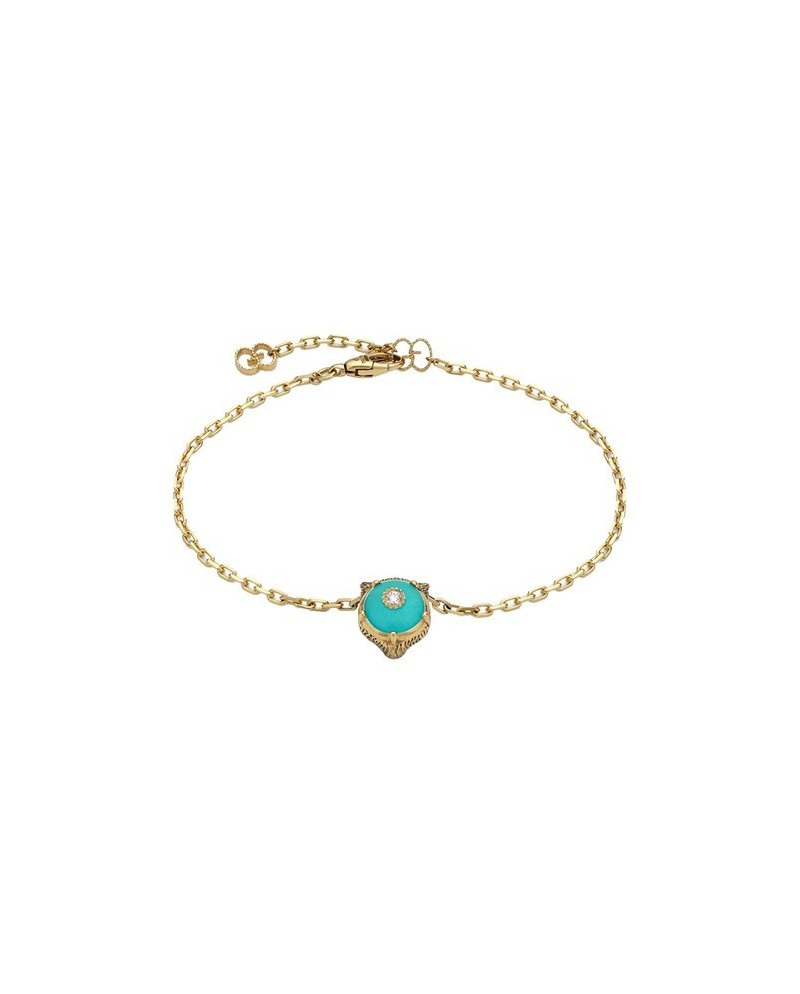Bracelet Gucci Le Marché des Merveilles en or jaune, orné d'une turquoise et de diamants, avec une tête de chat.
