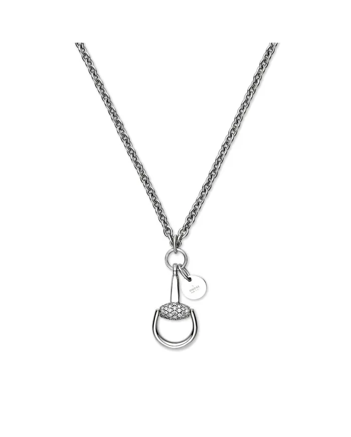Gucci Horsebit Necklace in White Gold with Gold and Diamond Pendant