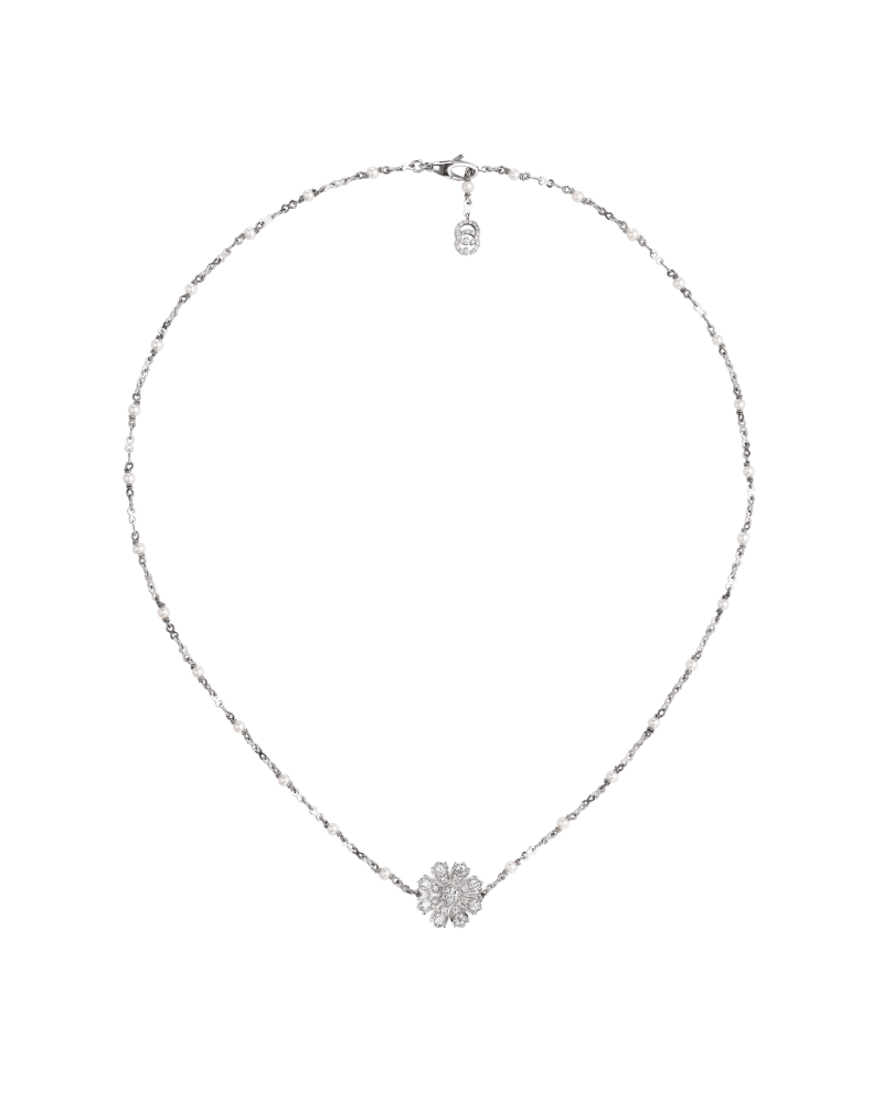 Gucci Flora Necklace in White Gold with Diamonds and Pearls with Flower and GG Logo