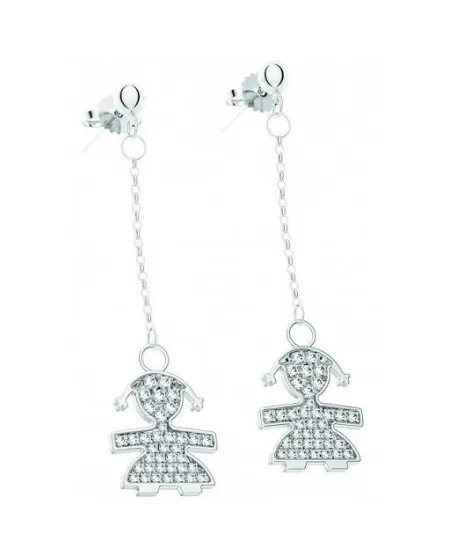 Boucles d'oreilles pendantes Le Bébé en or blanc et diamants pavés avec une petite fille