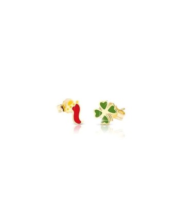 Le Bebè Primegioie Yellow Gold Earrings with Four-Leaf Clover and Horn