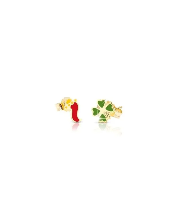 Le Bebè Primegioie Yellow Gold Earrings with Four-Leaf Clover and Horn