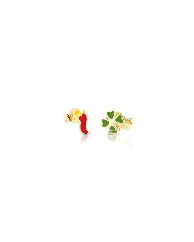 Le Bebè Primegioie Yellow Gold Earrings with Four-Leaf Clover and Horn