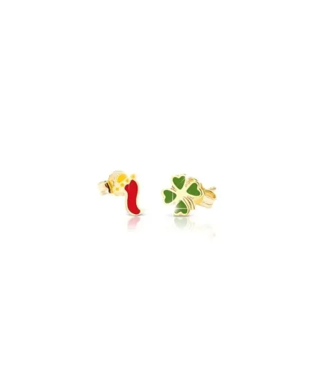 Orecchini Le Bebè Primegioie in Oro Giallo con Quadrifoglio e Cornetto
