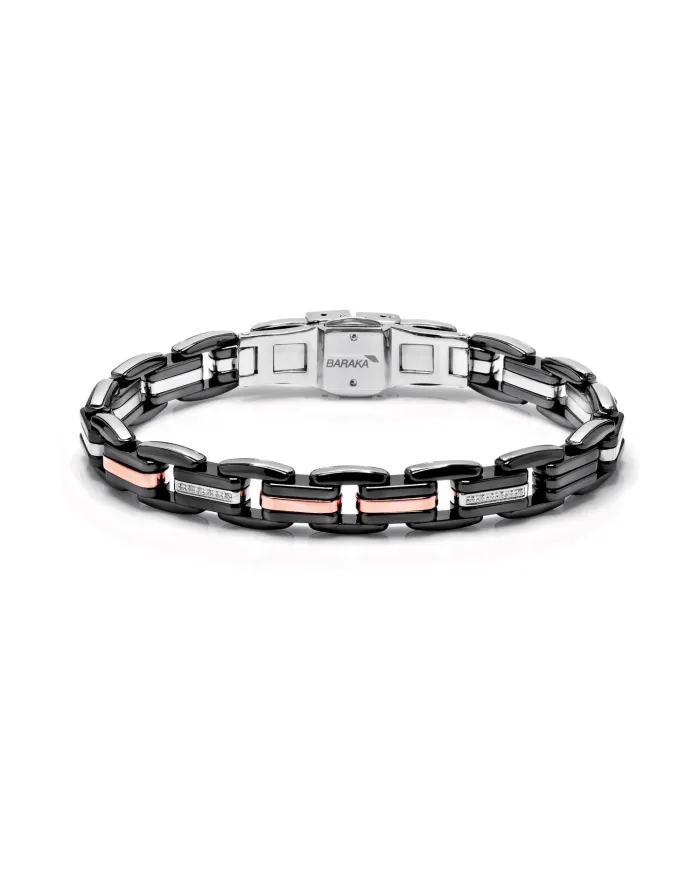 Bracciale da Uomo Barakà Explore in Oro Rosa, Ceramica Nera e Acciaio con Diamanti Bianchi