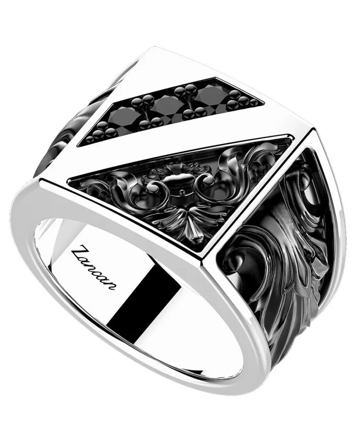 Bague pour homme Zancan Gotik en argent rhodié et bruni avec spinelles noirs