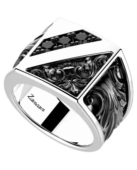 Zancan Gotik Men's Ring in Rhodium-Plated and Burnished Silver with Black Spinels