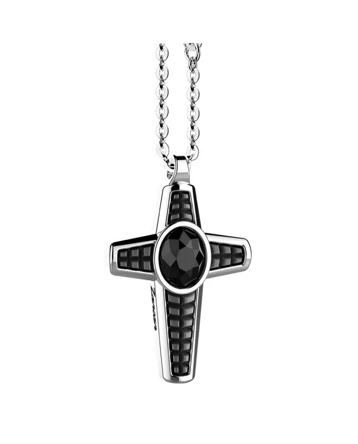 Zancan Cosmopolitan Stone Men's Necklace in Silver with Black Onyx Cross Pendant