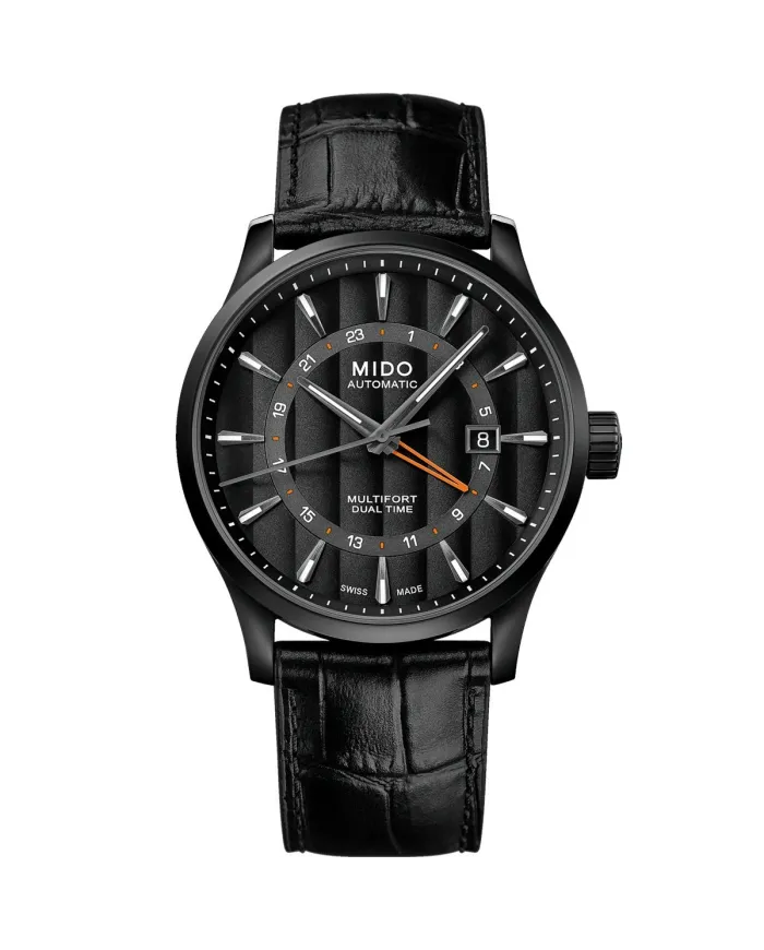Mido Multifort Dual Time Black PVD Watch with Black Dial and Leather Strap