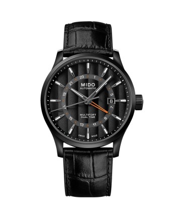 Montre Mido Multifort Dual Time en PVD noir avec cadran noir et bracelet en cuir