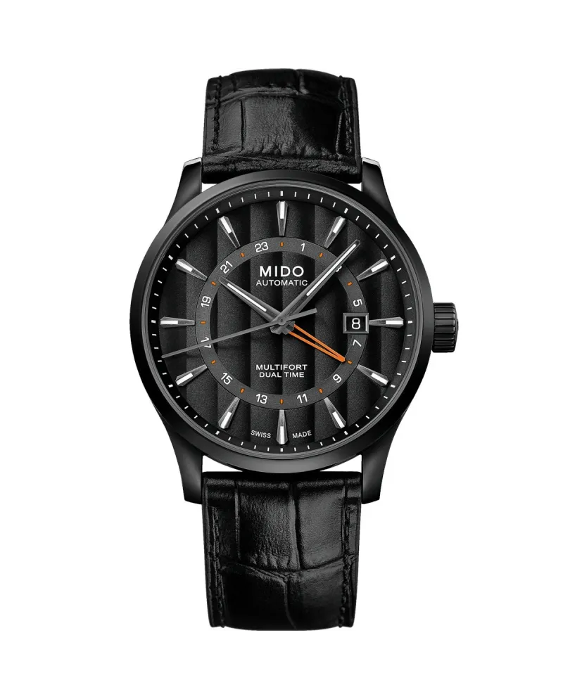 Montre Mido Multifort Dual Time en PVD noir avec cadran noir et bracelet en cuir