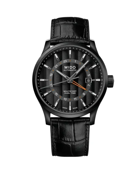 Montre Mido Multifort Dual Time en PVD noir avec cadran noir et bracelet en cuir